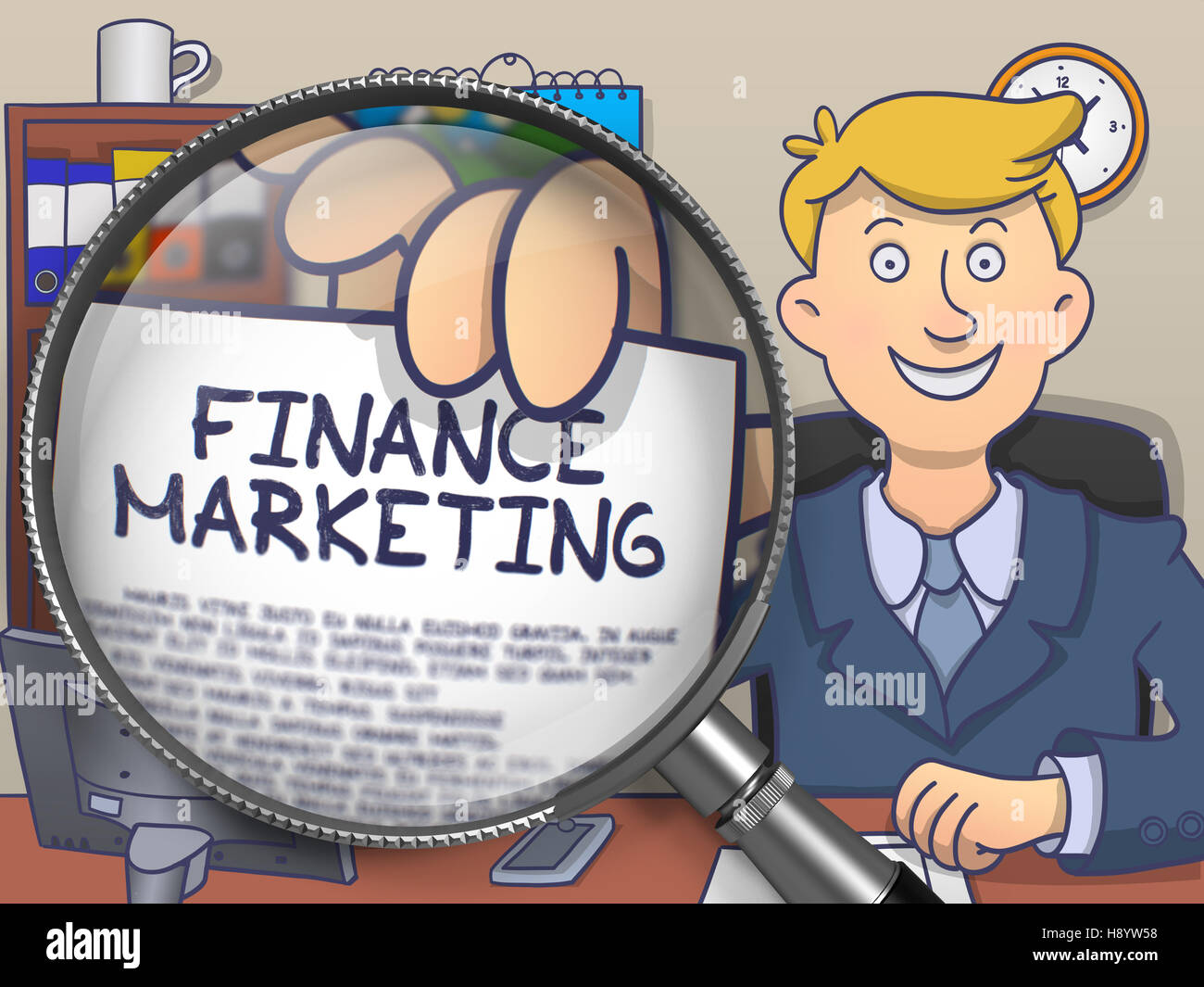 Finanzen Marketing durch Lupe. Doodle-Stil. Stockfoto