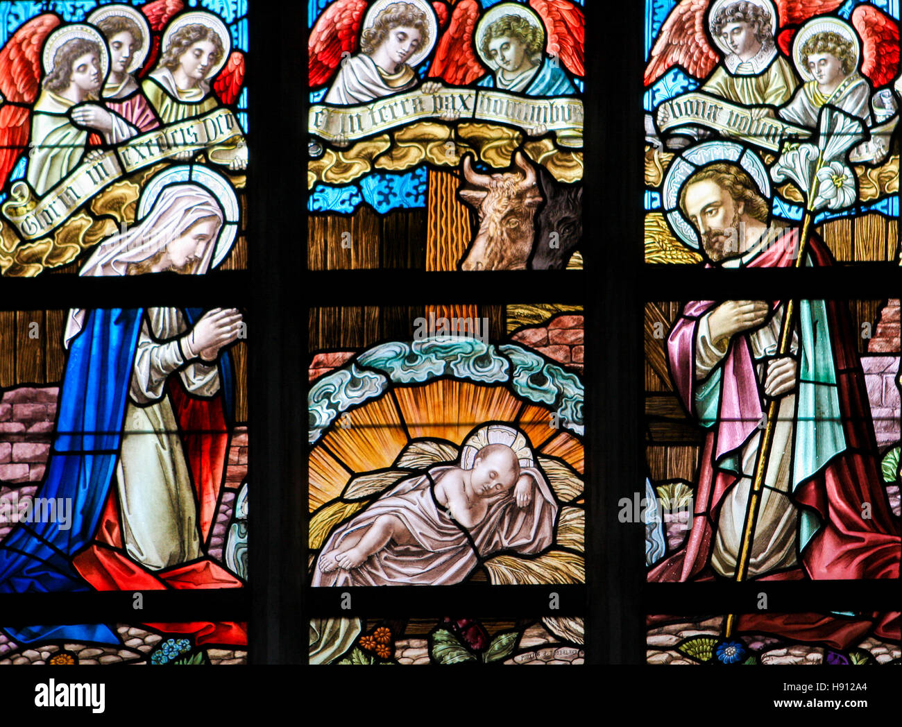 Glasmalerei-Fenster Darstellung eine Krippe zu Weihnachten in die Kirche Alsemberg, Belgien. Stockfoto
