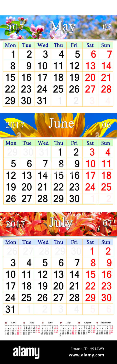 Bürokalender für drei Monate Mai, Juni und Juli 2017 mit Bildern der Natur Stockfoto