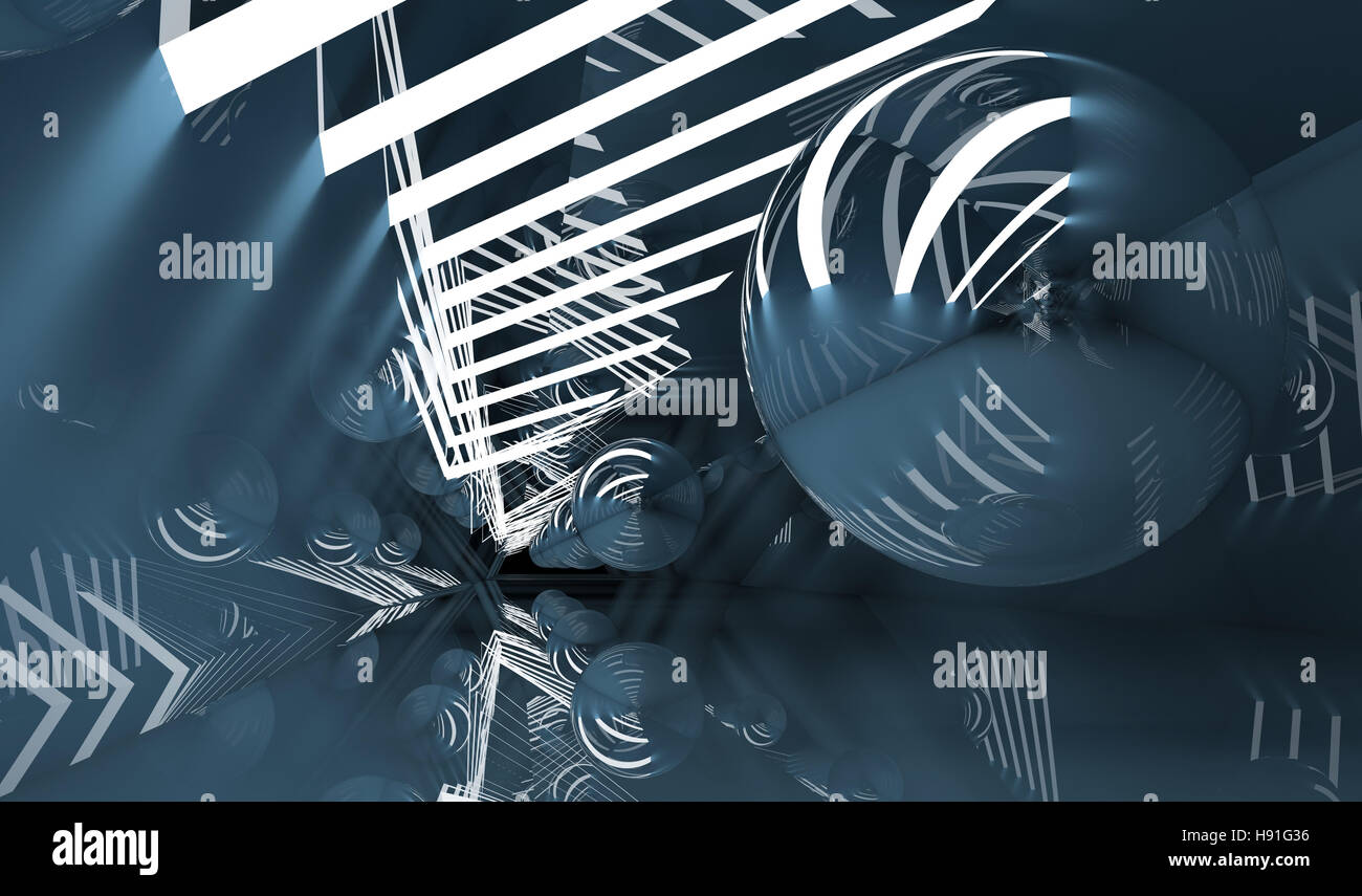 Abstrakte digitale Hintergrund, blauer Tunnel mit Neonlichtern und fliegenden Spiegelkugel, 3d illustration Stockfoto