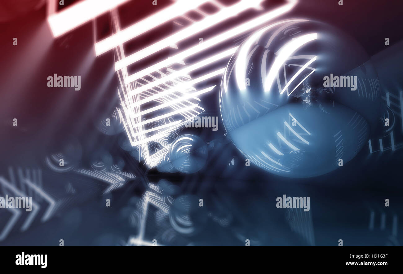 Abstrakte digitale Hintergrund, blauer Tunnel mit Streifen von Neonlichtern und fliegenden Spiegelkugeln, 3d illustration Stockfoto