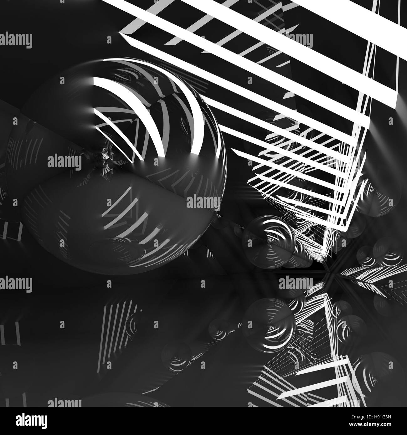 Abstrakte Quadrat digital Hintergrund, schwarze Tunnel mit Neonlichtern und Spiegelkugel, 3d illustration Stockfoto