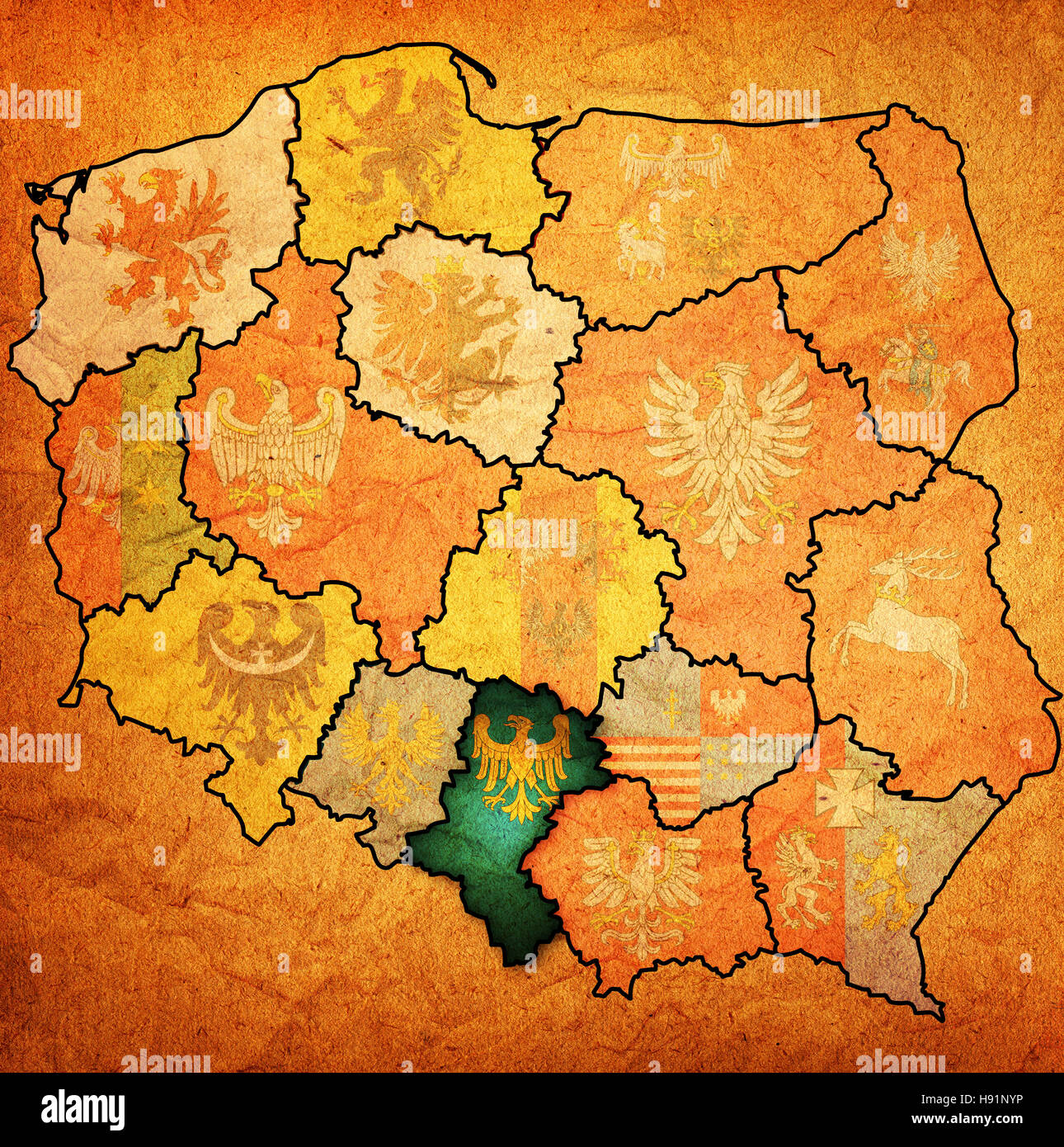 Oberschlesien Region auf Verwaltung Karte von Polen mit den Flaggen der anderen polnischen ...