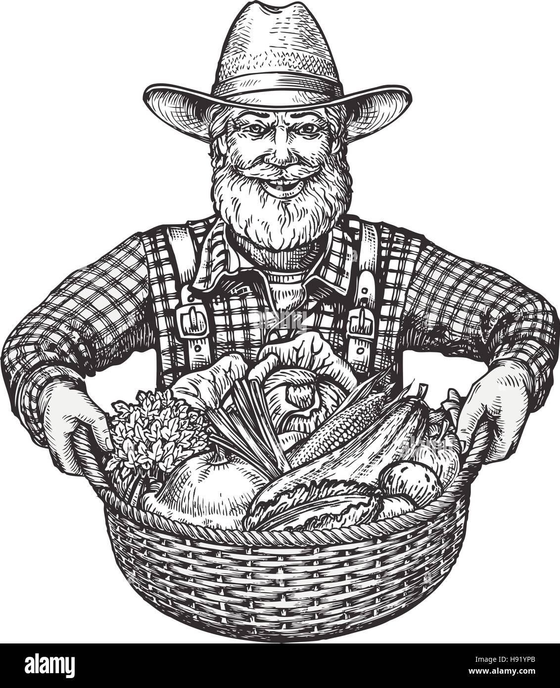 Glückliche Bauer mit einem Korb voller Gemüse. Handgezeichnete Skizze Vektor-Illustration isoliert auf weißem Hintergrund Stock Vektor