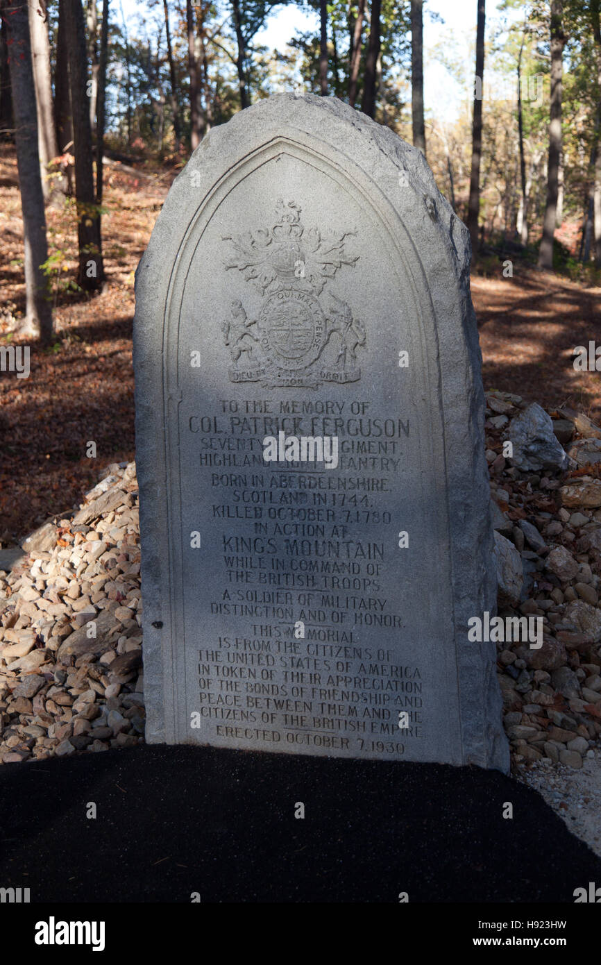 Denkmal für Col Patrick Ferguson am Kings Mountain National Military Park in Blacksburg, SC Stockfoto