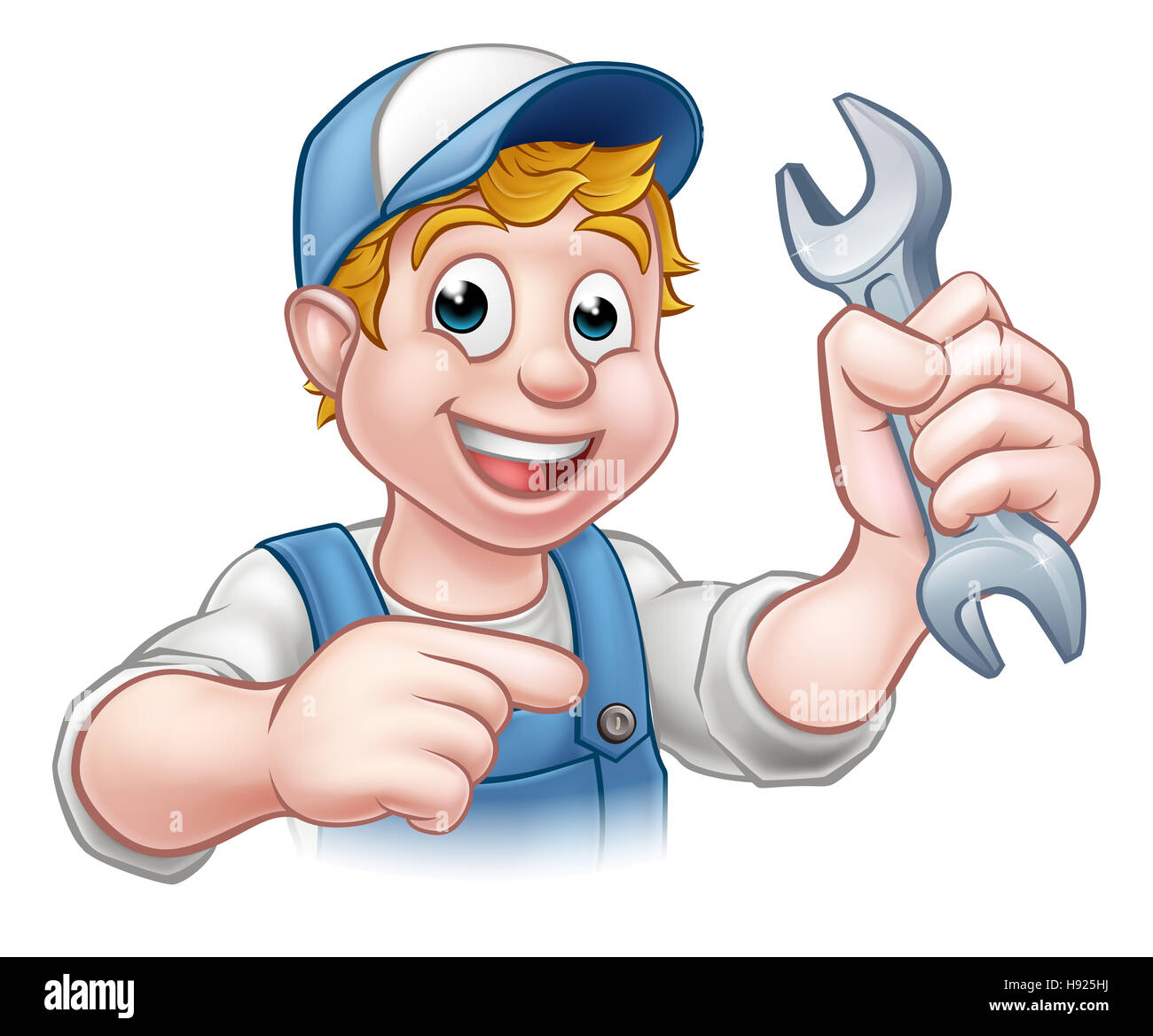 Ein Mechaniker oder Klempner Handwerker Cartoon-Figur hält einen Schraubenschlüssel und zeigen Stockfoto