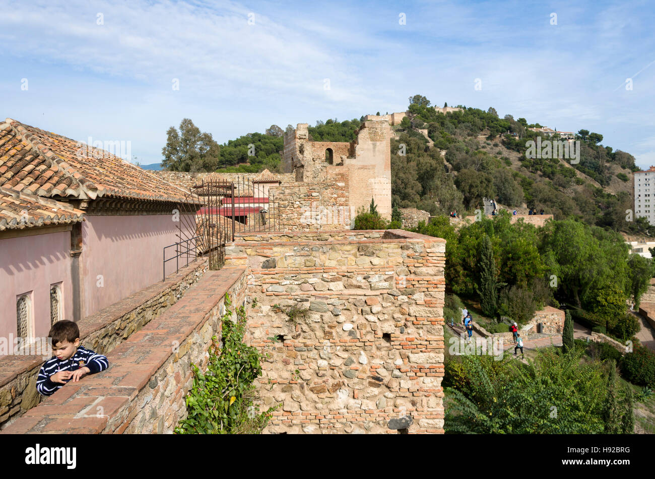 Außenwände des maurischen Alcazaba Festung Gibralfaro in Hintergrund, Malaga, Andalusien, Spanien Stockfoto