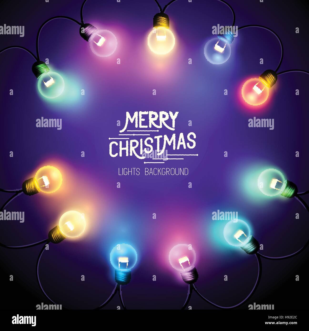 Weihnachts-Lichterketten - Saisondekorationen mit bunten Lichtern und Frohe Weihnachten Text. Vektor-Illustration. Stock Vektor