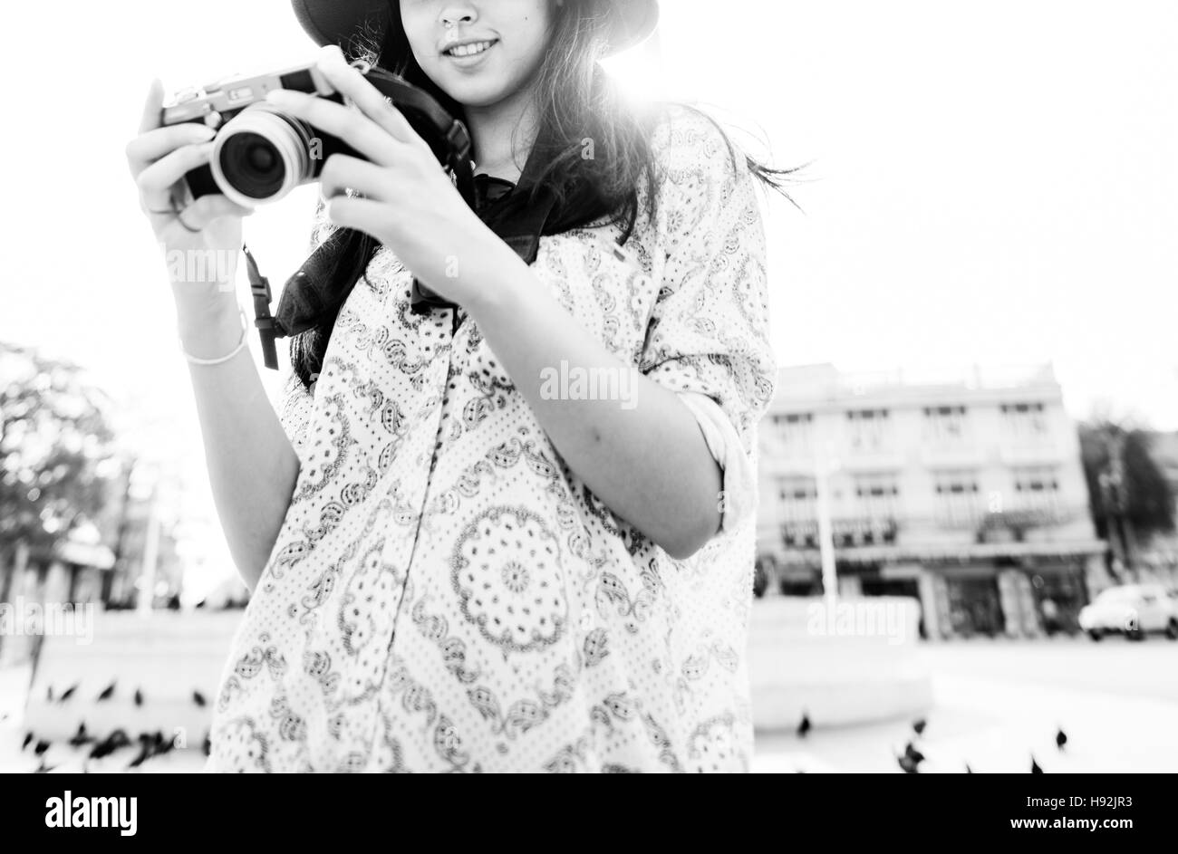 Kamera-Fotograf-Inspiration-Reise-Style-Konzept Stockfoto