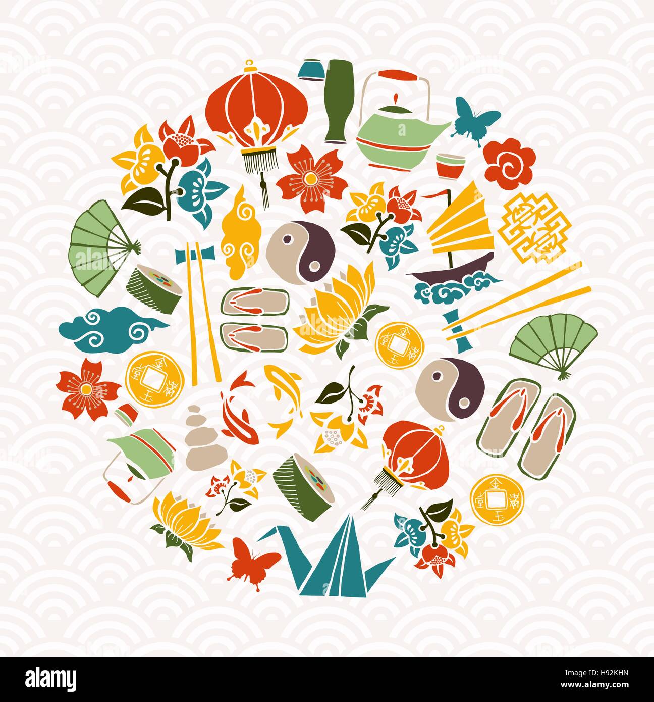Chinese New Year Celebration Design mit Konzept Dekoration der bunten Icons. Traditionelle asiatische Kultur Elemente und Symbole der Natur. EPS10 vecto Stock Vektor