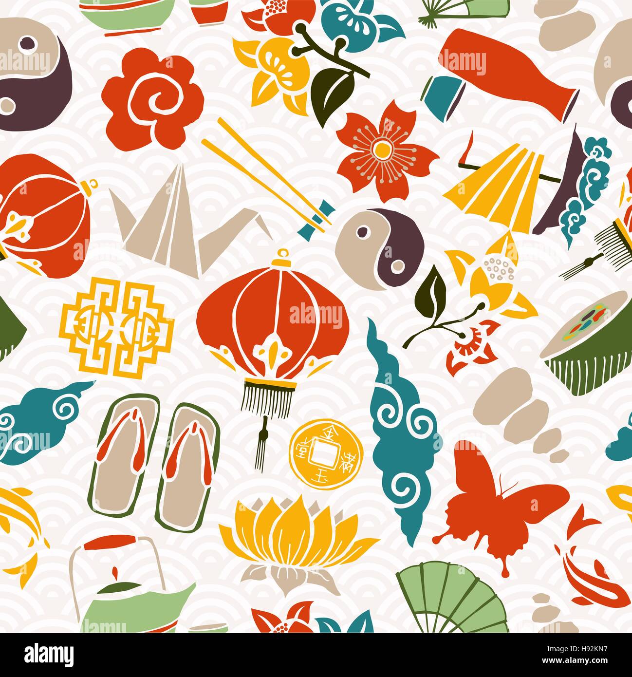 Chinese New Year Musterdesign, Konzept-Hintergrund mit traditionellen asiatischen Kultur-Ikonen. EPS10 Vektor. Stock Vektor