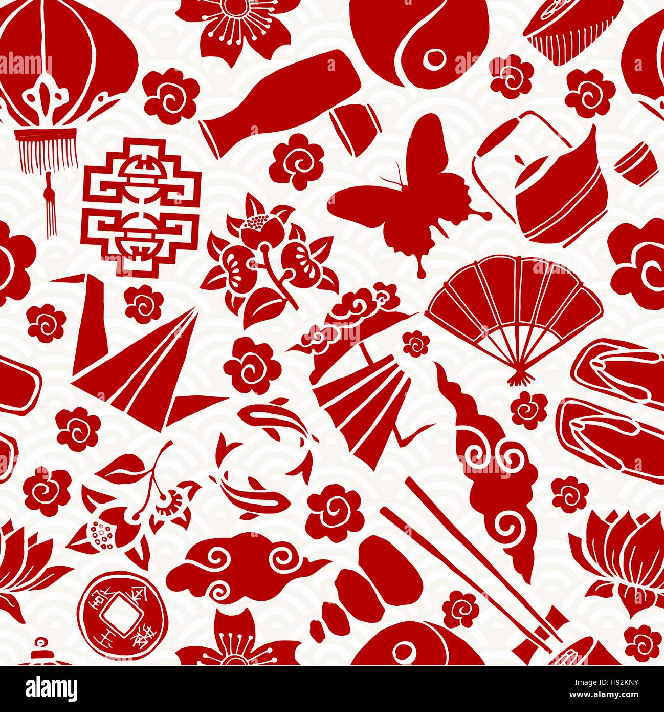 Chinese New Year Musterdesign, Konzept-Hintergrund mit traditionellen asiatischen Kultur-Ikonen in roter Farbe. EPS10 Vektor. Stock Vektor