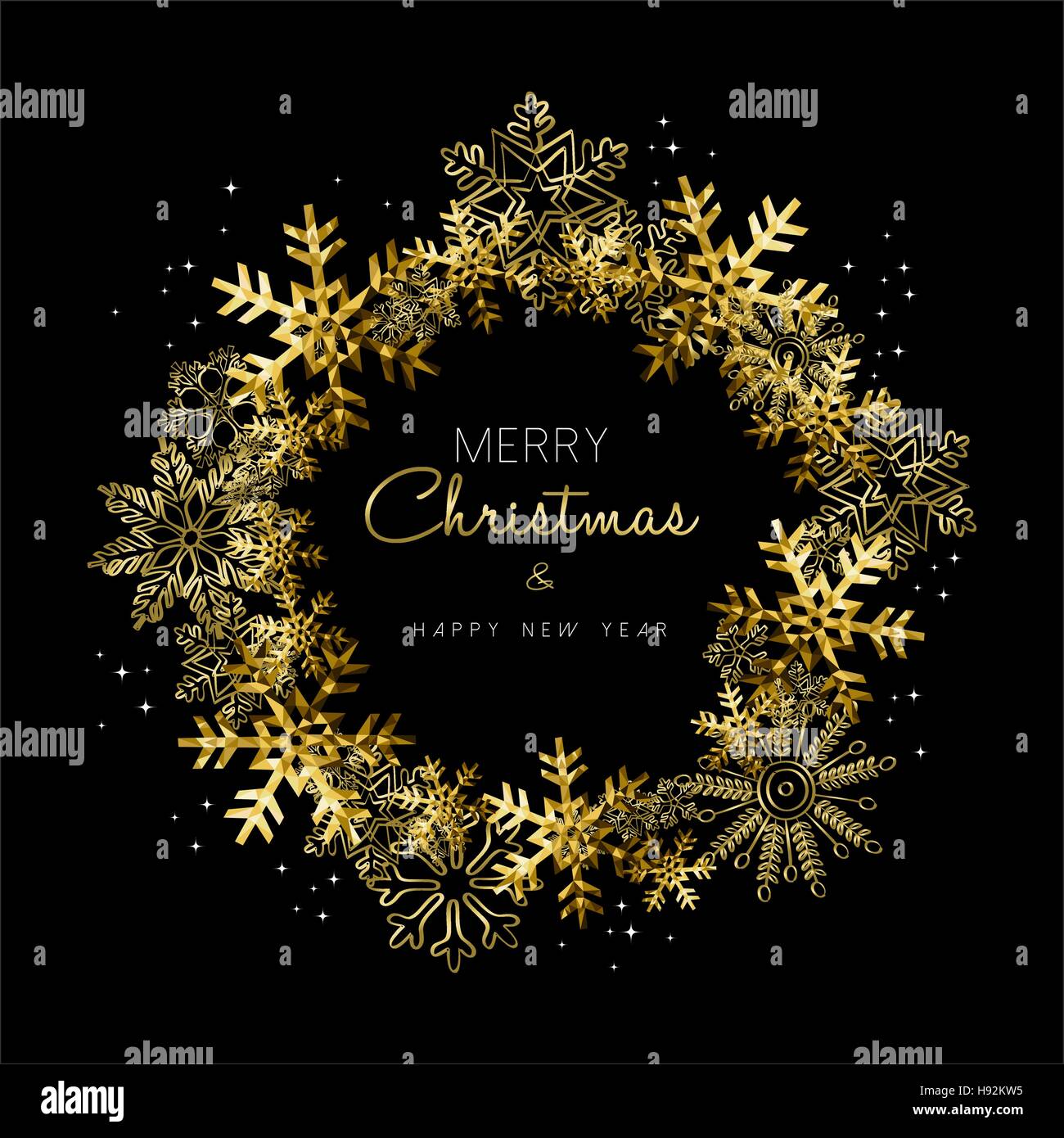 Frohe Weihnachten, frohes neues Jahr Grußkarte Design mit gold Schneeflocke Kranz Dekoration zur Weihnachtszeit. EPS10 Vektor. Stock Vektor