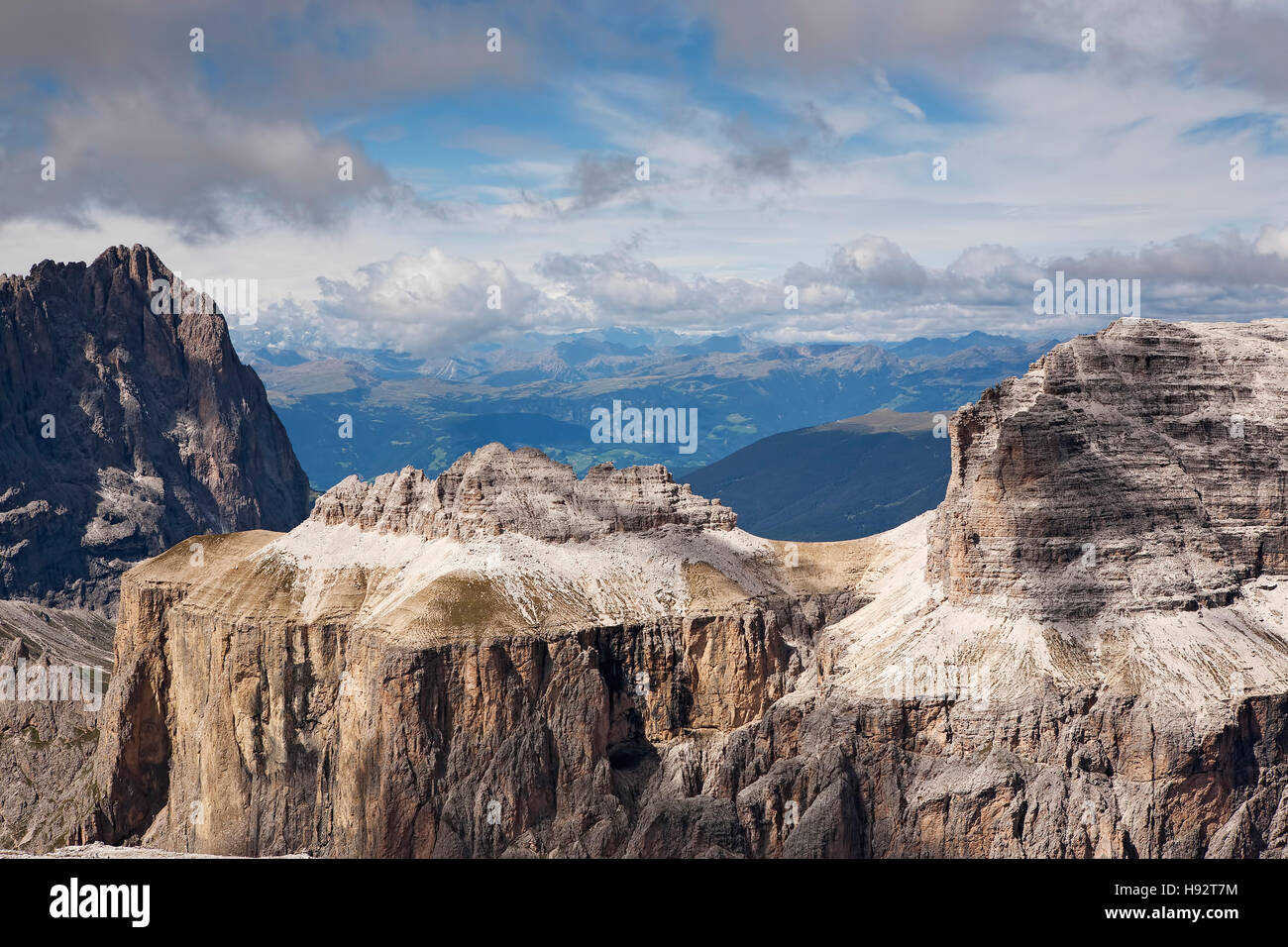 Landschaft im Skigebiet Canazei im September, Region Trentino, Südtirol, Italien. Stockfoto