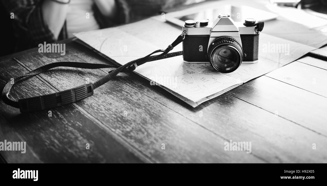 Kamera, fotografieren, Reisen Digital-Tablette Karte Konzept Stockfoto