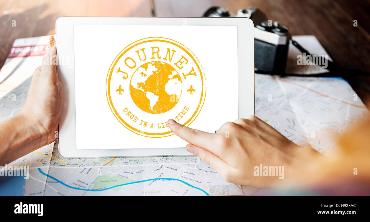 Reisen entdecken Sie Welt Reise Stempel Konzept Stockfoto