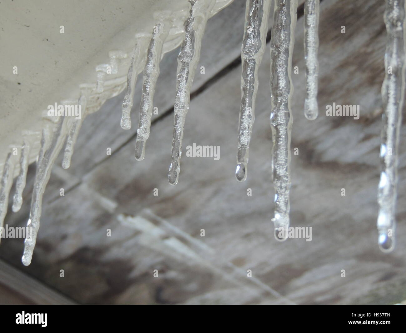 Eiszapfen auf Dach Stockfoto