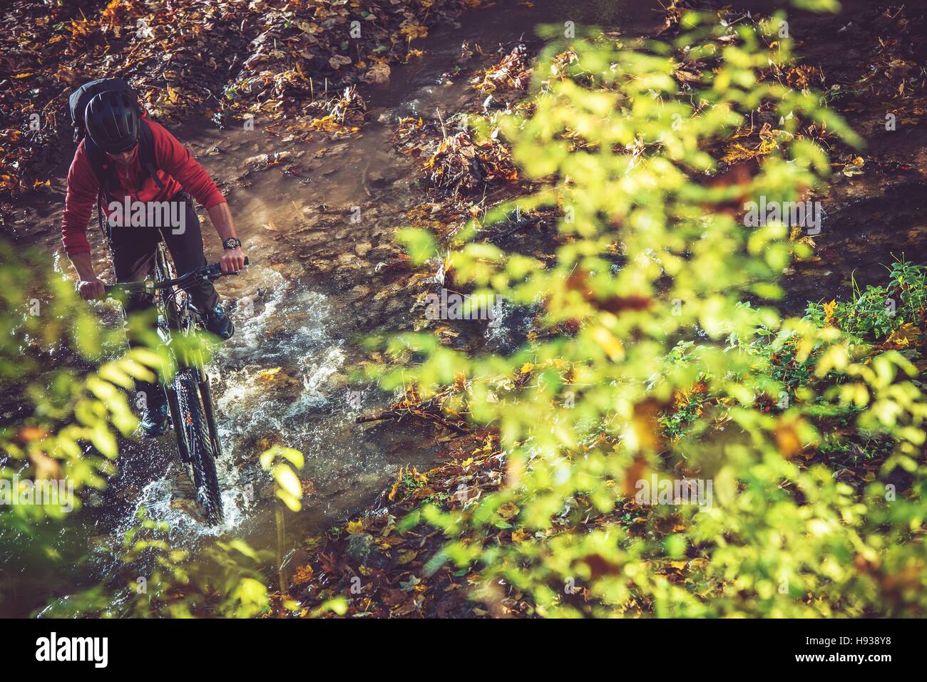 Wildnis-Radtour. Fluss auf Mountainbike durchqueren. Stockfoto