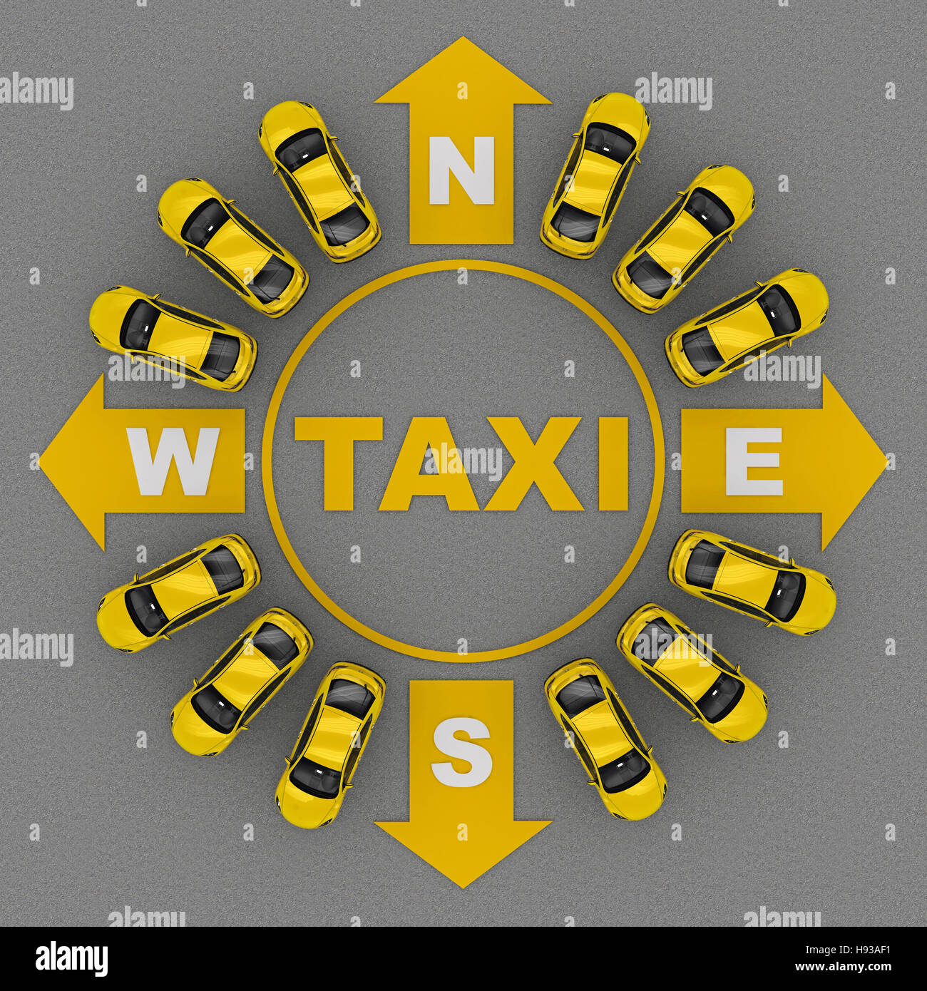Punkt-Taxi-Stand. Ansicht von oben. 3D-Rendering Stockfoto