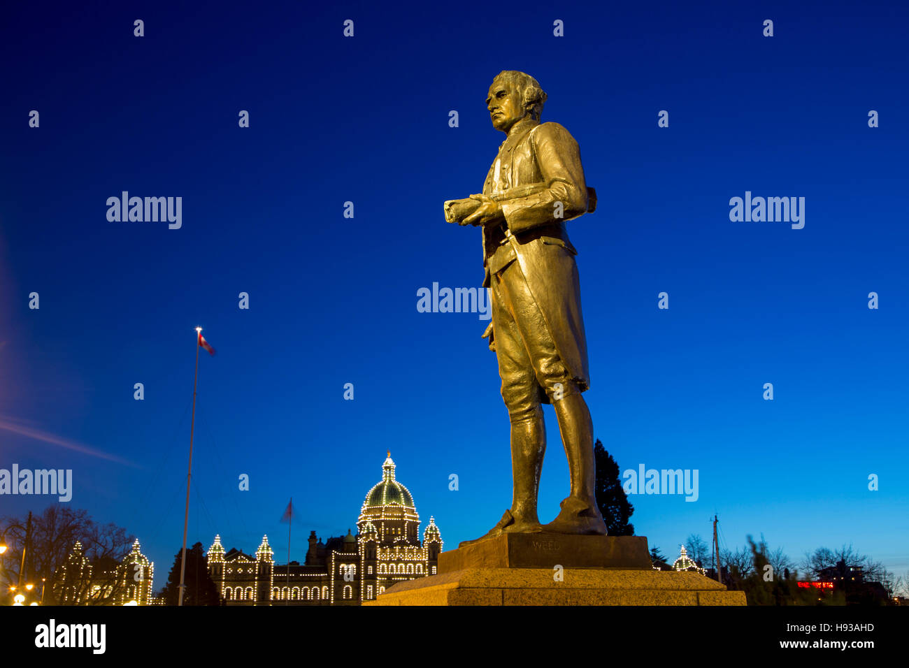 Captain Cook, Statue, Victoria, Hafen, Vancouver Island, Britisch-Kolumbien, Kanada Stockfoto