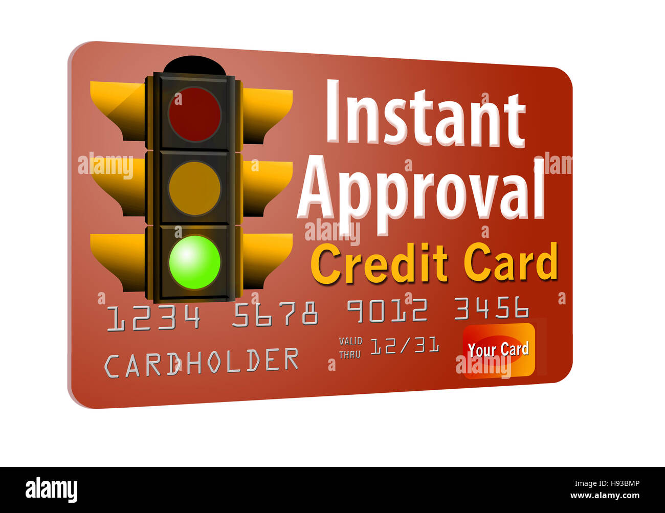 Sofortige Zustimmung Kreditkarte mit einem grünen Licht für schnell genehmigt wird. Ampel mit dem Verkehr in der Nacht. Stockfoto