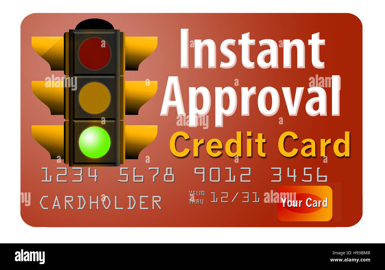 Sofortige Zustimmung Kreditkarte mit einem grünen Licht für schnell genehmigt wird. Ampel mit dem Verkehr in der Nacht. Isoliert Stockfoto