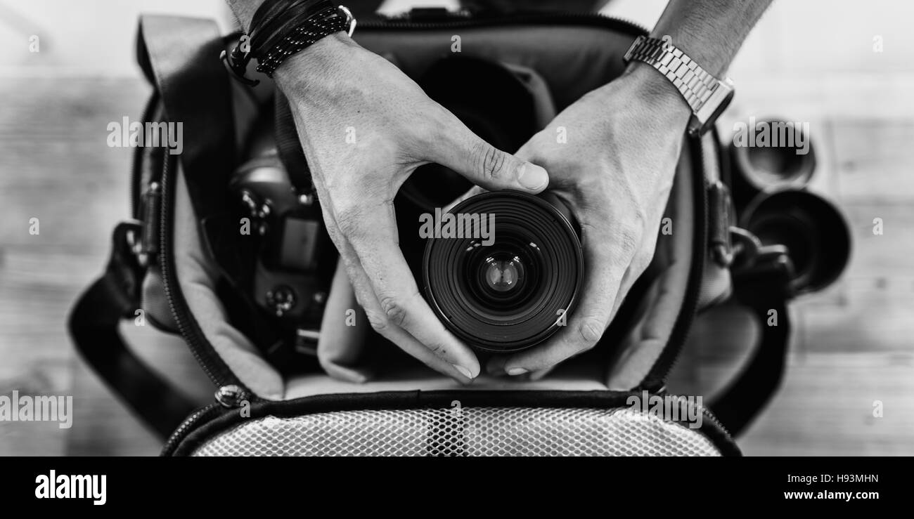 Fotograf Kamera DSLR Aufnahmen Journalist Konzept Stockfoto
