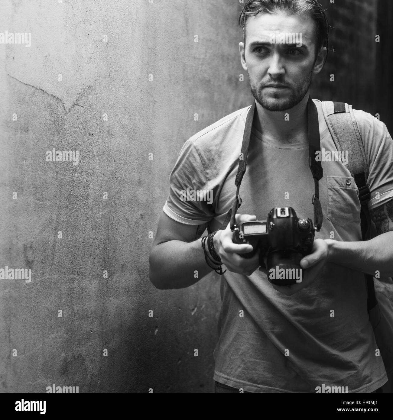 Fotograf Kamera DSLR Aufnahmen Journalist Konzept Stockfoto