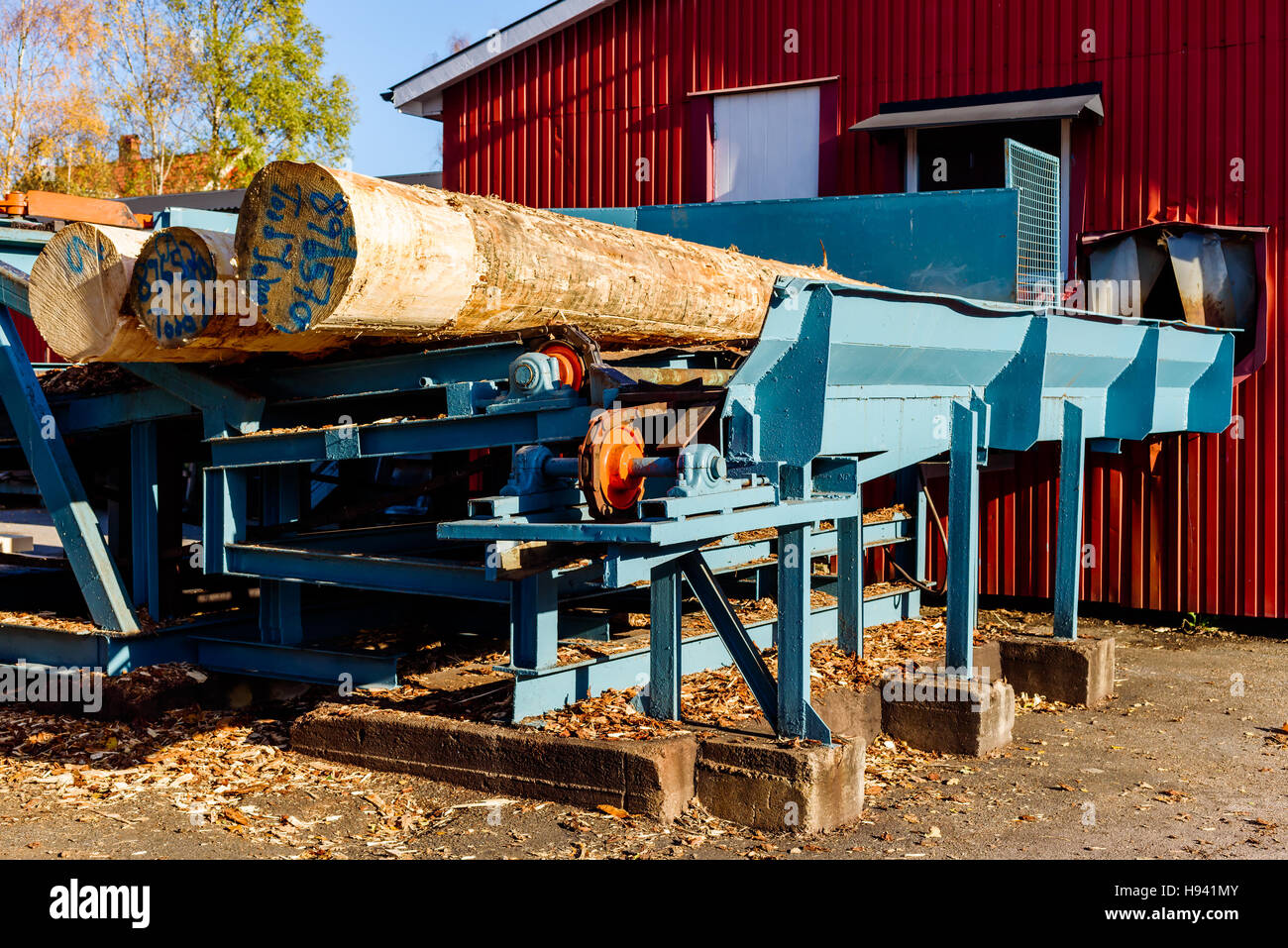 Brakne Hoby, Schweden - 29. Oktober 2016: Dokumentation über den Zugang der Öffentlichkeit Industriegebiet. Futterstelle Holz in einem Sägewerk mit anmeldet Förderband. Stockfoto