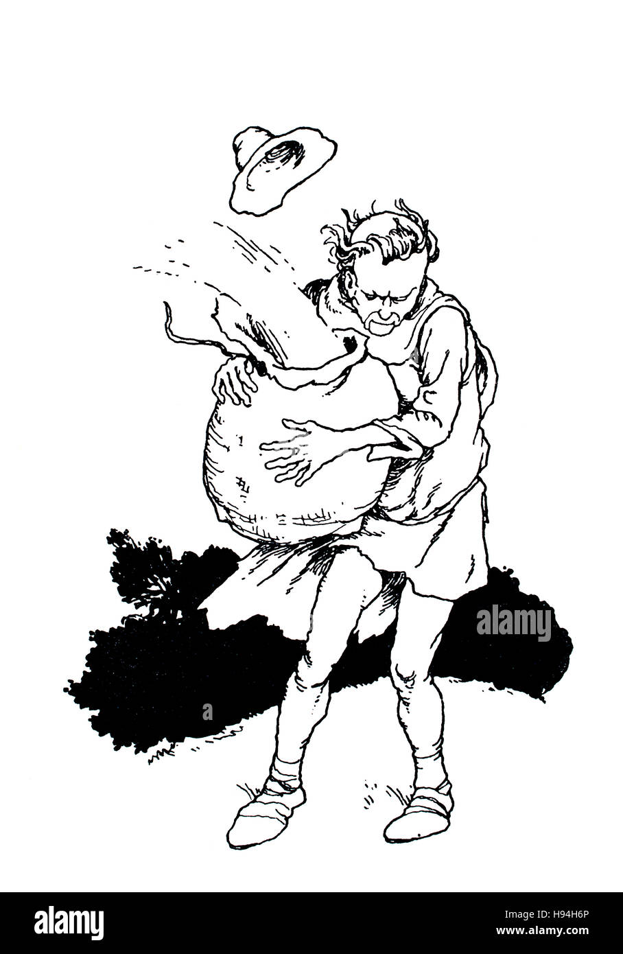 Ein starker Wind blies alle seine Mahlzeit, Kinder Buch-Illustration von William Heath Robinson, ab 1934 Buch der Goblins, The Present, des Windes Stockfoto