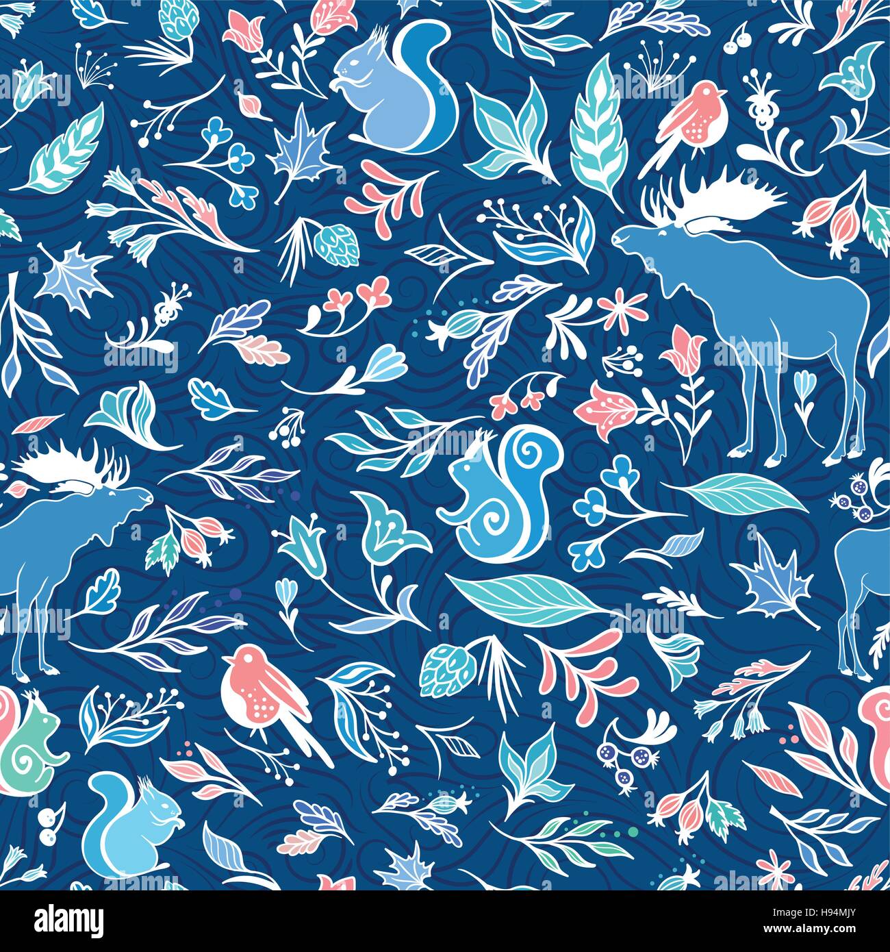 Nahtlose blaue Textur mit hellen Blättern und Tieren Naturelemente auf indigo Hintergrund für Textil-und Tapete Stock Vektor