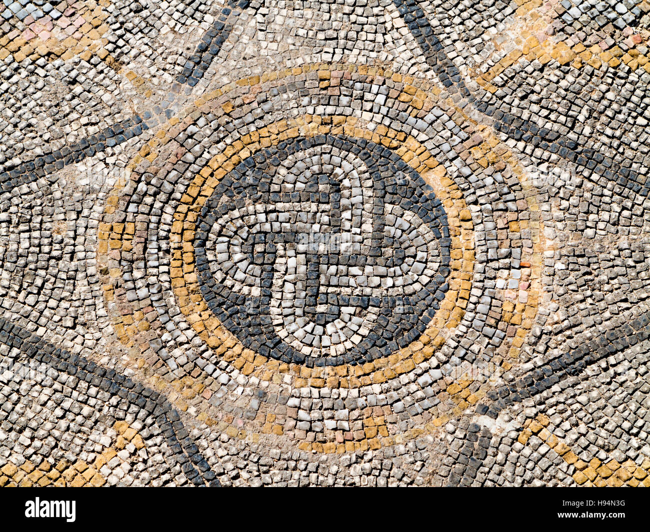 Mosaik-Details in der antiken Stadt Volubilis im Bereich Zerhoun-Massivs von Marokko Stockfoto