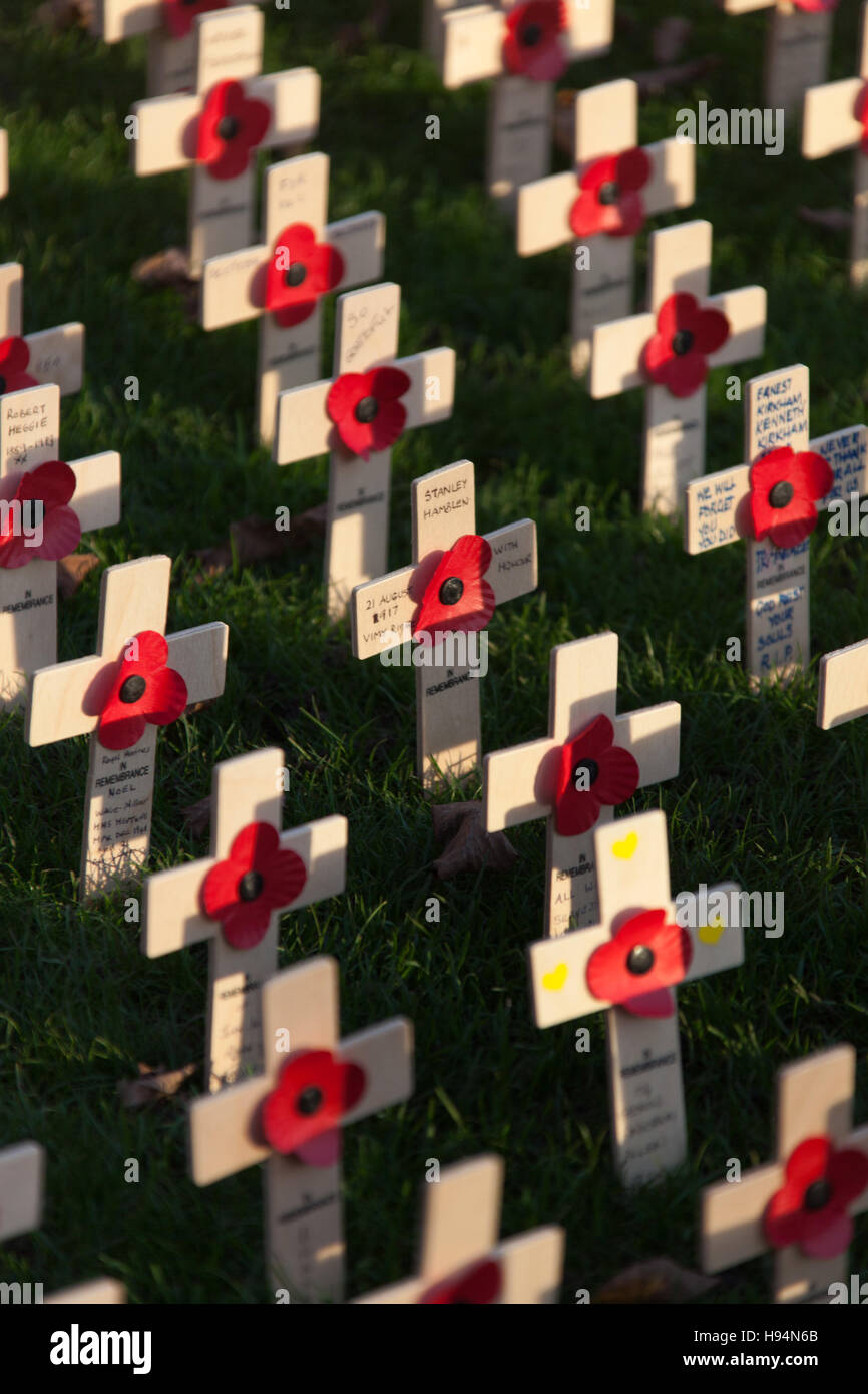 City of Edinburgh, Schottland. Anzeige der Gedenktag Kreuze und Mohn am Princes Street Gardens. Stockfoto
