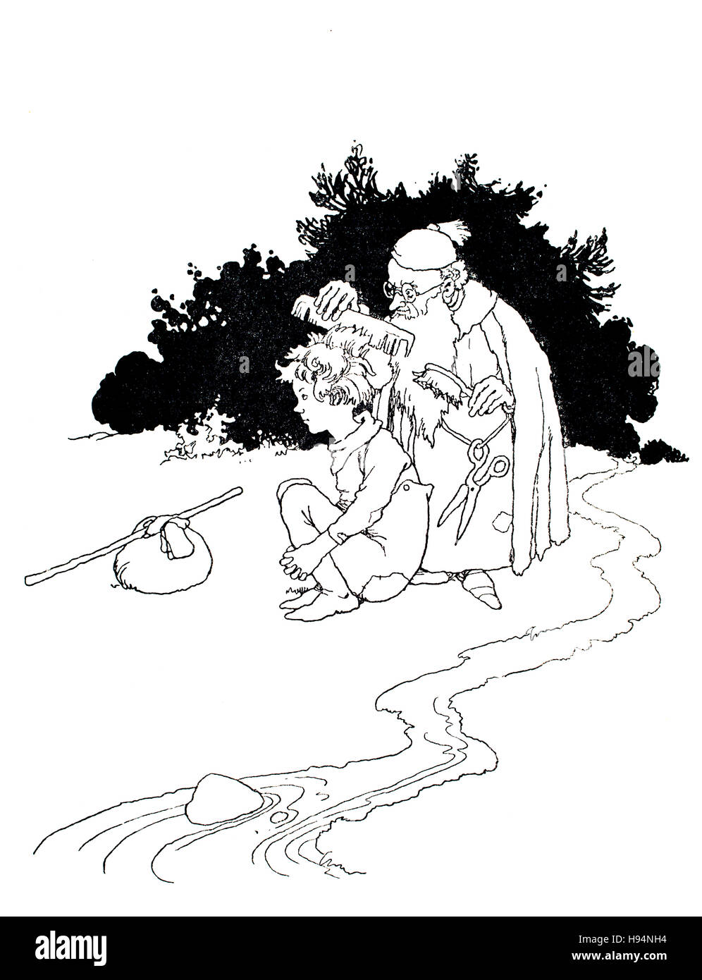Er fing an, Arme Gottschalk Haar, Kinder Buch-Illustration von William Heath Robinson, ab 1934 Buch der Goblins, die schönste Braut Kamm Stockfoto