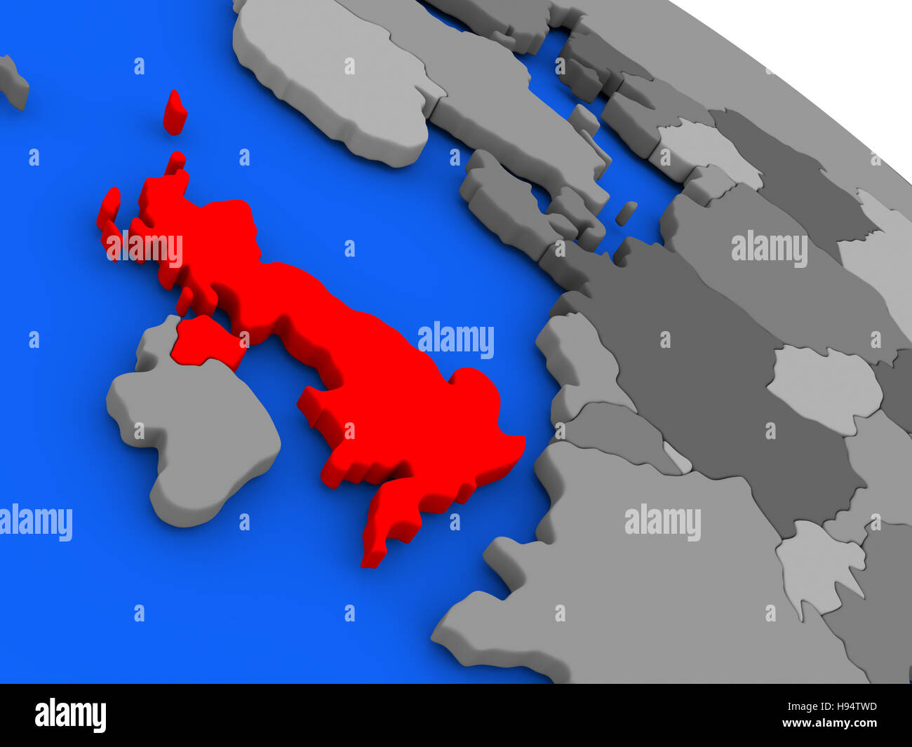 Karte von Vereinigtes Königreich in rot auf einem Globus hervorgehoben. 3D illustration Stockfoto