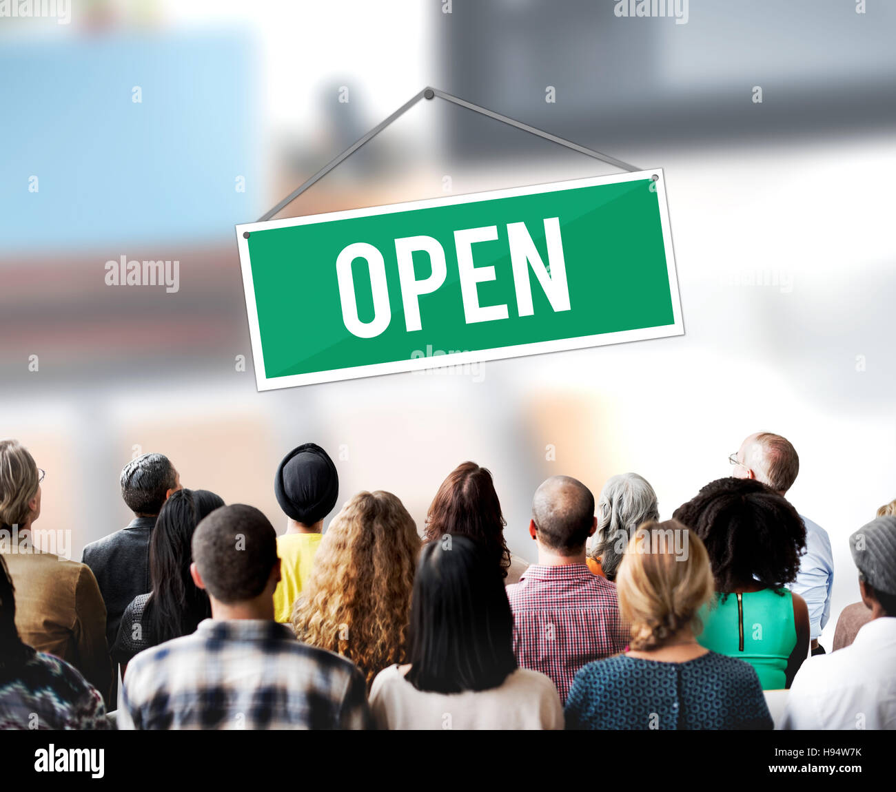 Schild "geöffnet" Banner willkommen Ankündigung Konzept Stockfoto