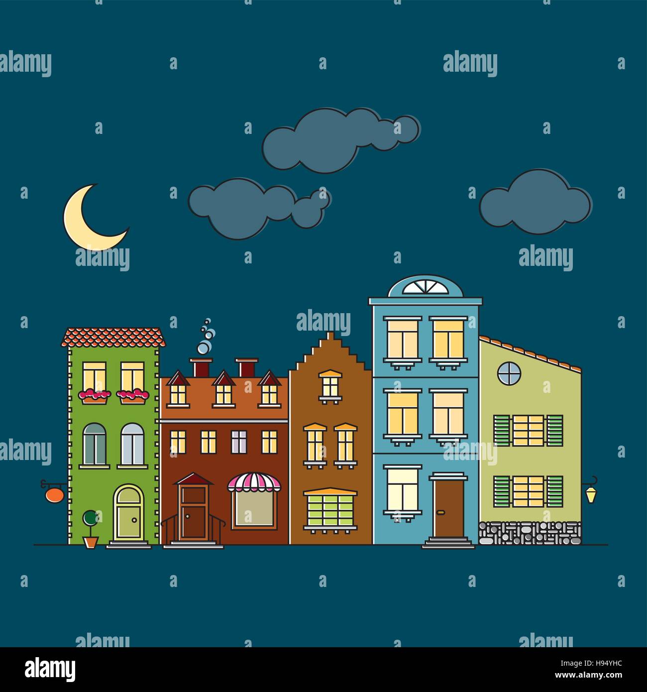 Fassaden von Gebäuden auf der Hauptstraße kleine Ortschaft in der Nacht Stock Vektor