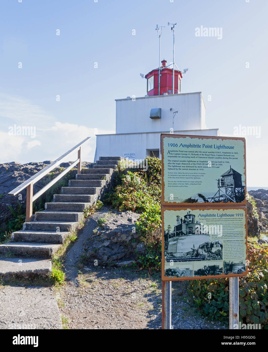 Infotafel oder Schild am Amphitrite Point Leuchtturm Ucluelet Halbinsel Vancouver Island British Columbia Kanada Stockfoto