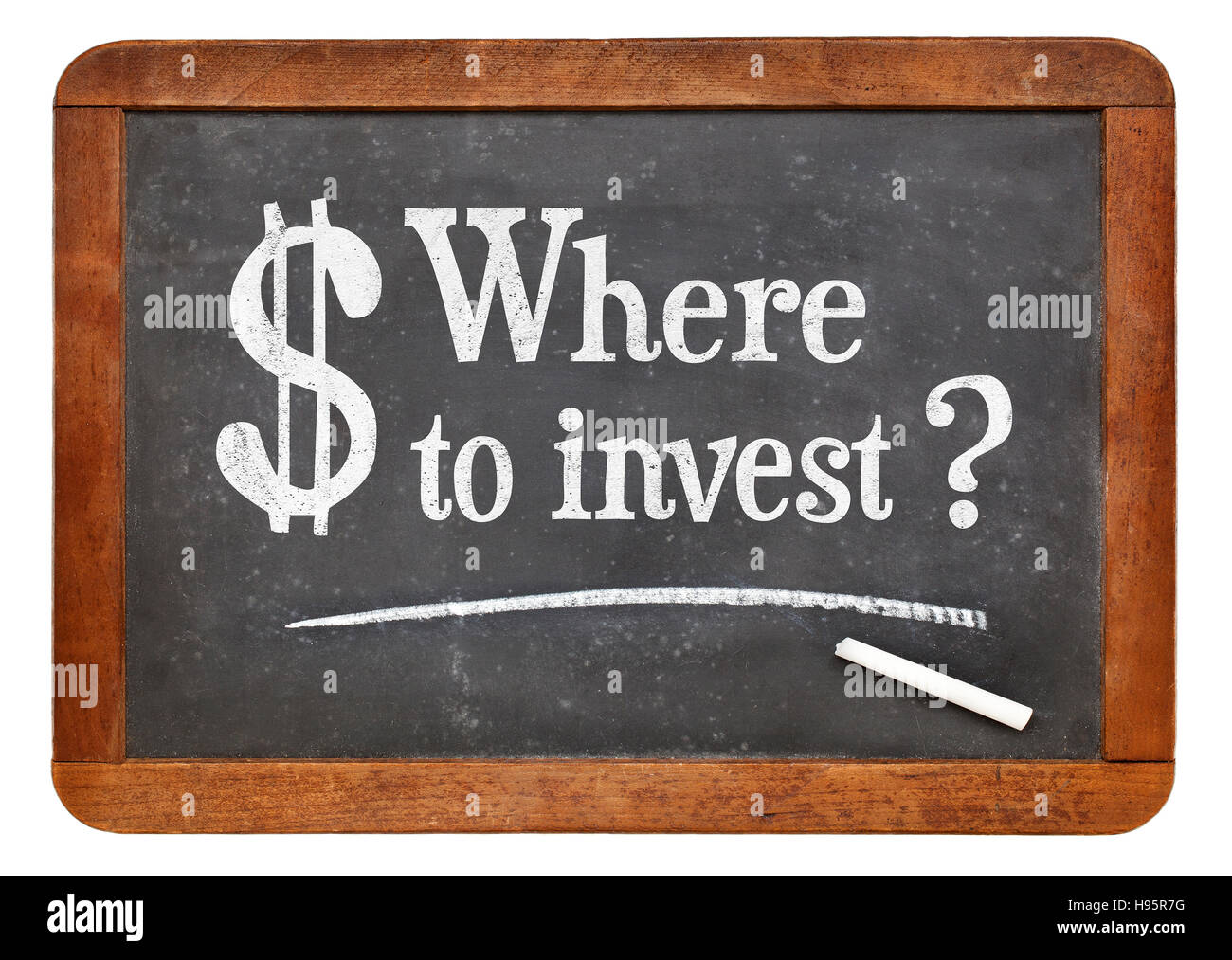 Wo Sie investieren - weiße Kreide Fragetext auf einer Vintage Schiefer Tafel Stockfoto