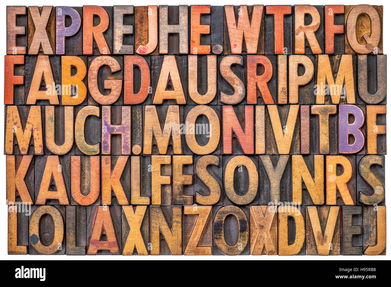 Alphabet-Abstract in antiken Buchdruck Holzart Druckstöcke befleckt durch Farbe Tinten, isoliert auf weiss Stockfoto