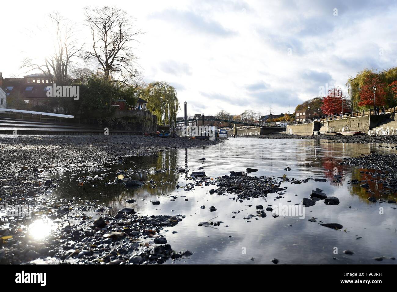 Boote vor Anker auf der Themse am Eel Pie Insel in Twickenham, West London, bei Ebbe, nachdem der Fluss für die jährlichen Verlosung-off-Periode trockengelegt wurde während dessen ein Flussbett Inspektions- und Wartungsarbeiten wesentlich auf Richmond Sperre, Wehre und Schleusen durchgeführt werden werden. Stockfoto