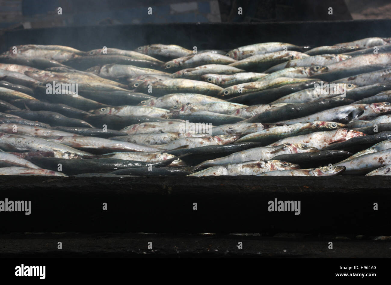 Am Tages fangen vor unternommen, um den Markt über einen Grill in einem Fischerdorf an der Küste Ghanas geräuchert. Stockfoto