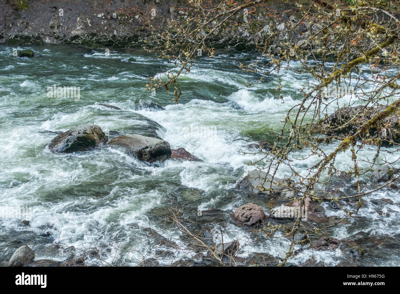 Ein Blick auf Stromschnellen am Snoqualmie River im US-Bundesstaat Washington. Stockfoto