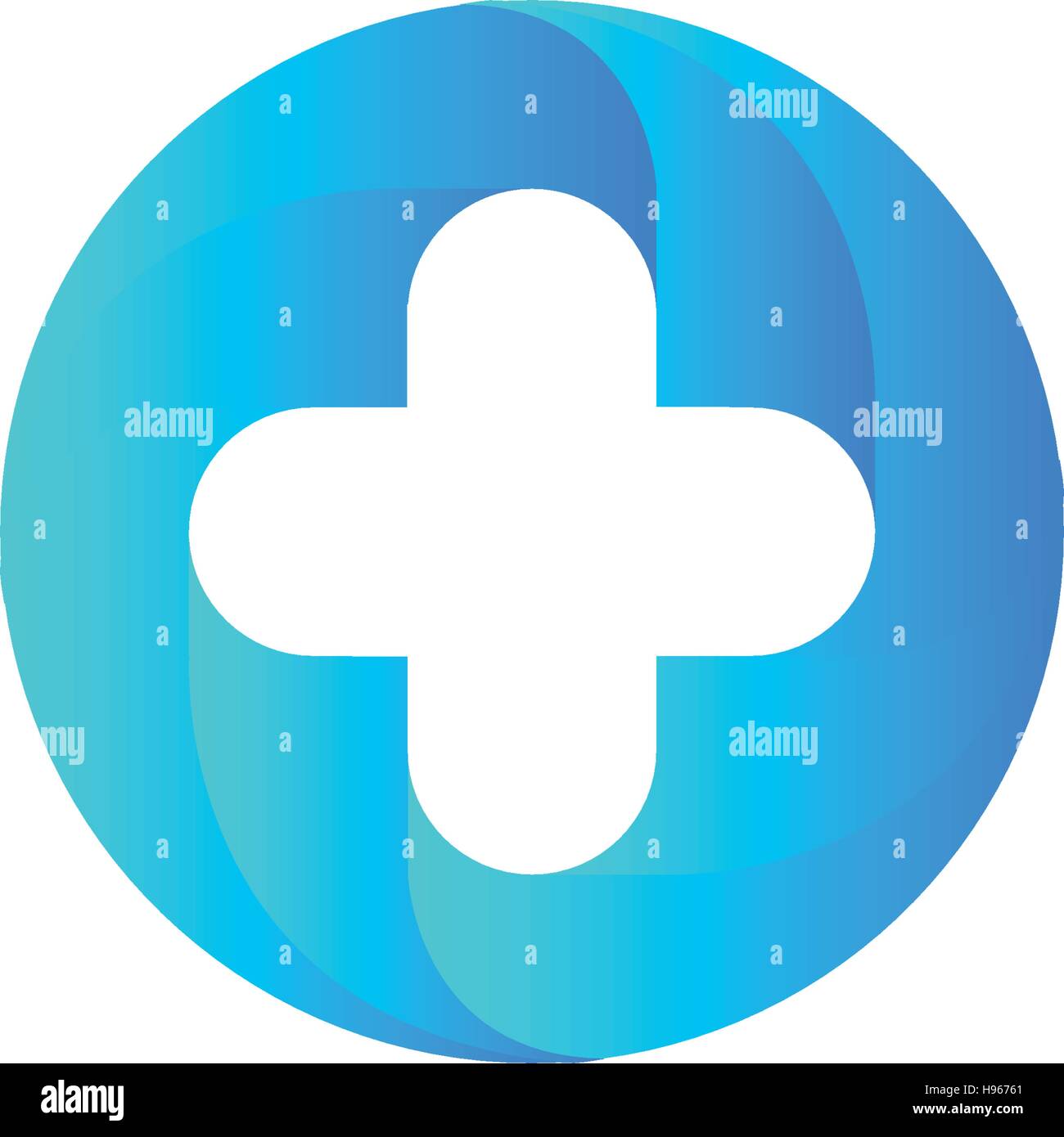 Blaue Vektor medizinisches Kreuz Logo. Runde Form-Logo. Religiöses Zeichen. Ärzte-Büro-Emblem. Krankenwagen-Label. Erste-Hilfe-Symbol. Plus -Taste. Abbildung. Stock Vektor