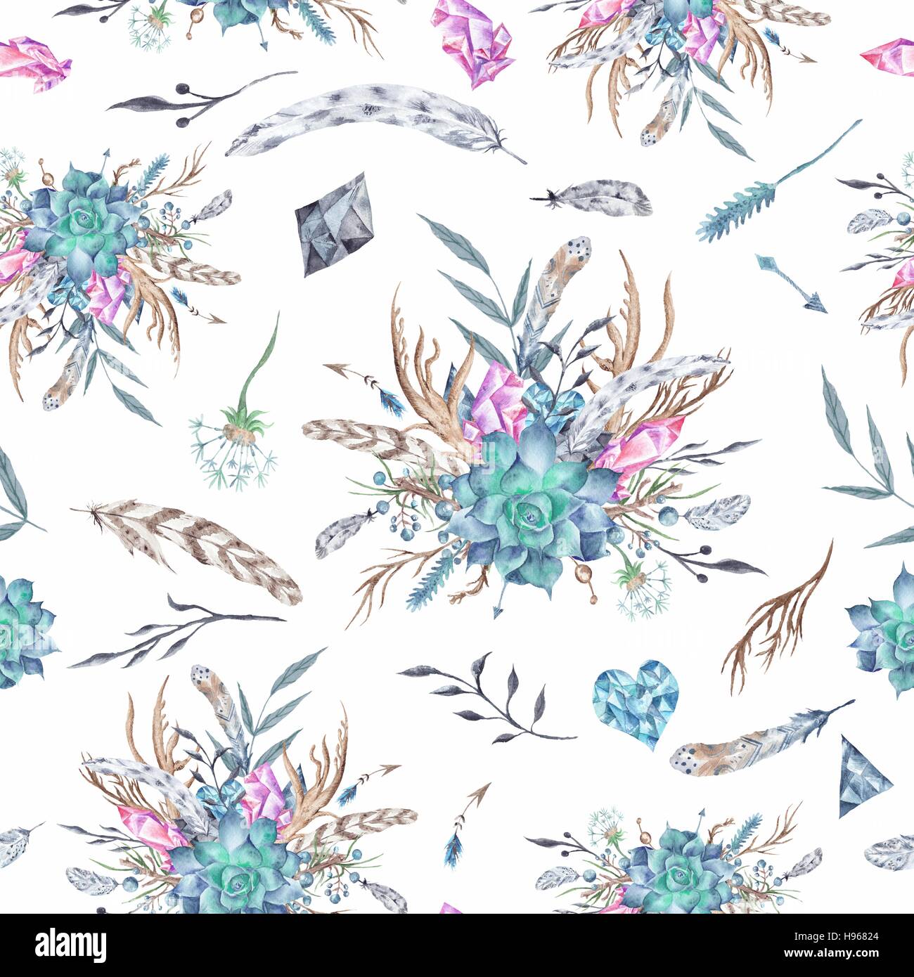 Nahtlose Stammes-Textur mit Feder und Pflanze Kranz auf weißem Hintergrund Stockfoto