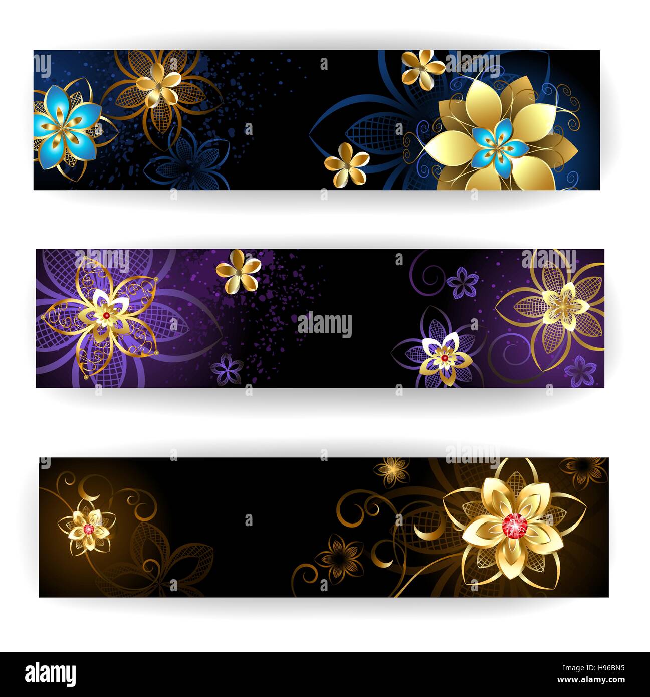 drei horizontale Banner mit Goldschmuck, abstrakte Blumen auf dunklem Braun und lila Hintergrund. Stock Vektor