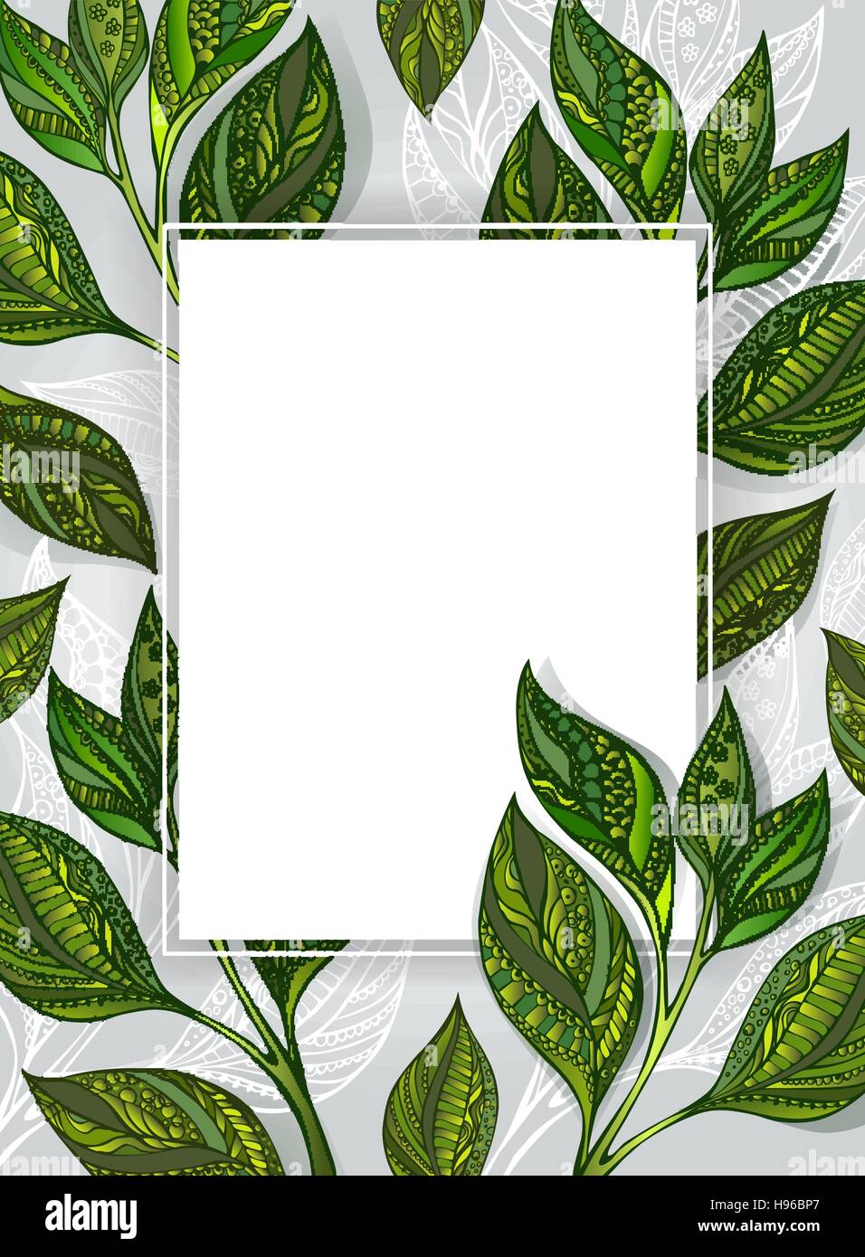 Weiße rechteckige Fahne mit gemusterten, grün und grau Blätter Tee auf einem grauen Hintergrund Textur. Tee-Design. Stock Vektor