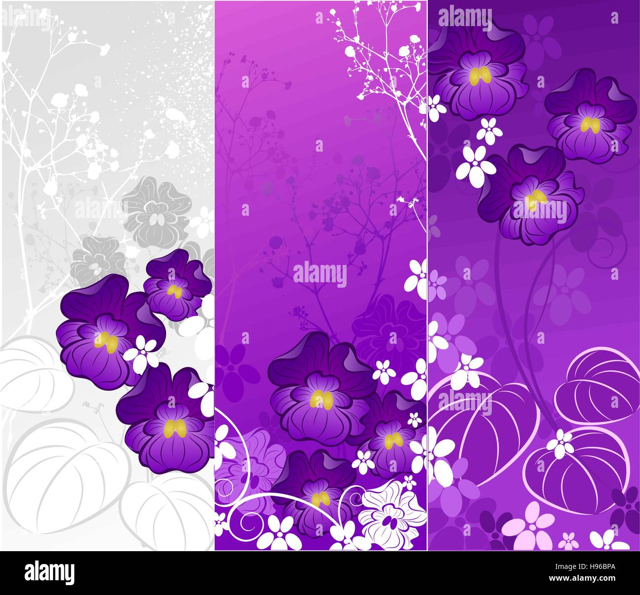 Drei banner mit einem stilisierten künstlerischen Veilchen und Zierpflanzen auf weiß und lila Hintergrund gemalt. Stock Vektor