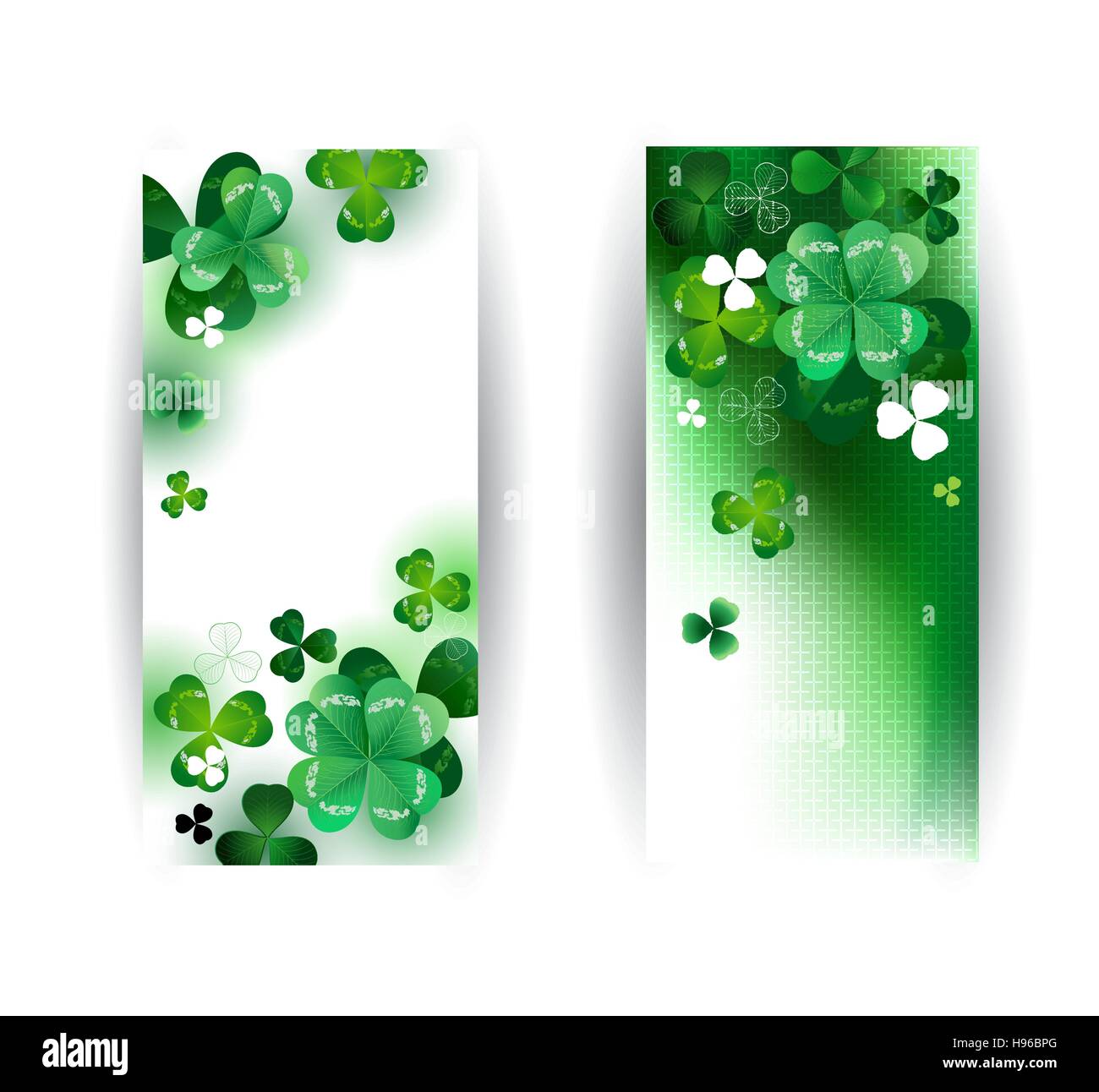 zwei Banner mit grünen Klee mit vier Blatt auf grünem Hintergrund. Stock Vektor
