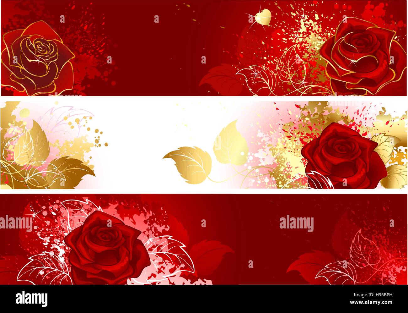 Drei horizontale Banner mit roten Rosen dekoriert mit Spritzern von Farbe. Stock Vektor